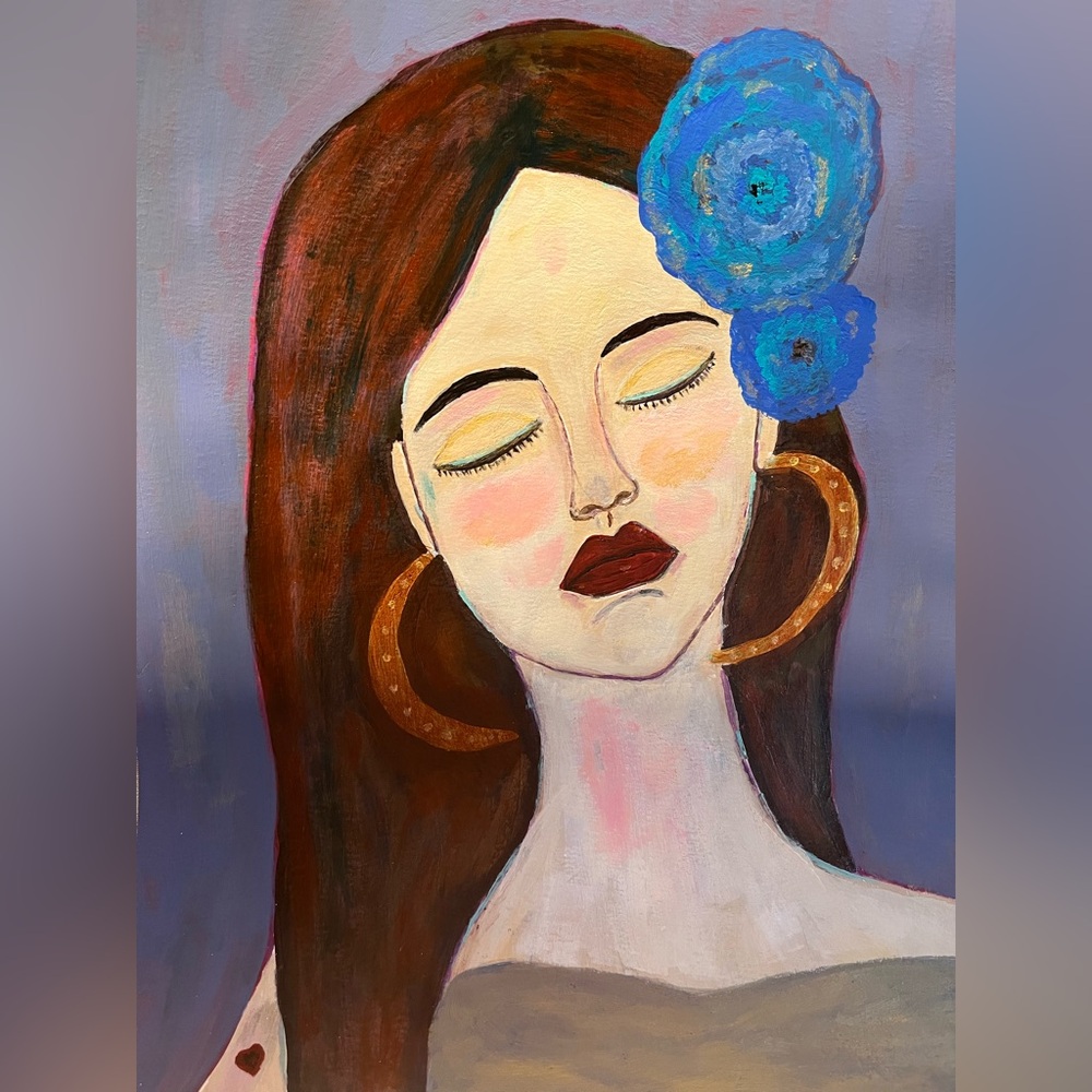 Original art Abstract Portrait Painting of woman with Blue Flowers
